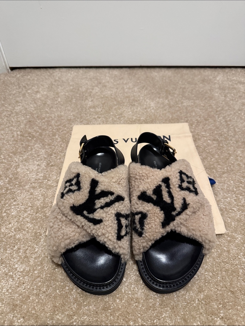 Louis Vuitton Beige Shearling Sandals with Black LV Motif